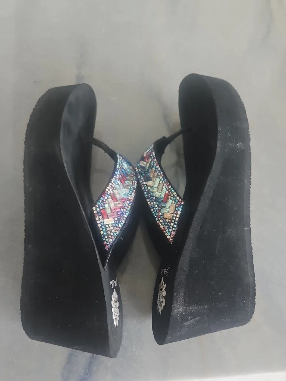 Yellow Box Black Wedge Sandals with Multicolor Jewel Accents